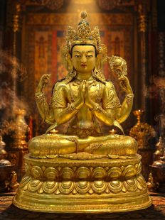 Gold-Plated Four-Armed Chenrezig Statue